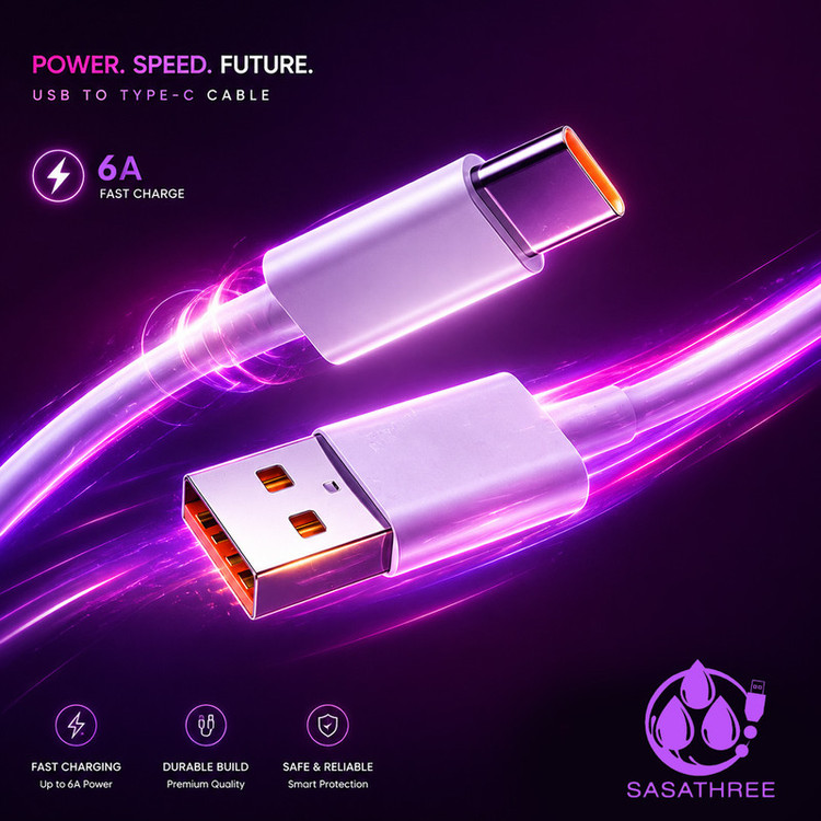 کابل تبدیل USB به USB-C ساساتیری مدل SUPER FAST 6A S08T طول 1 متر